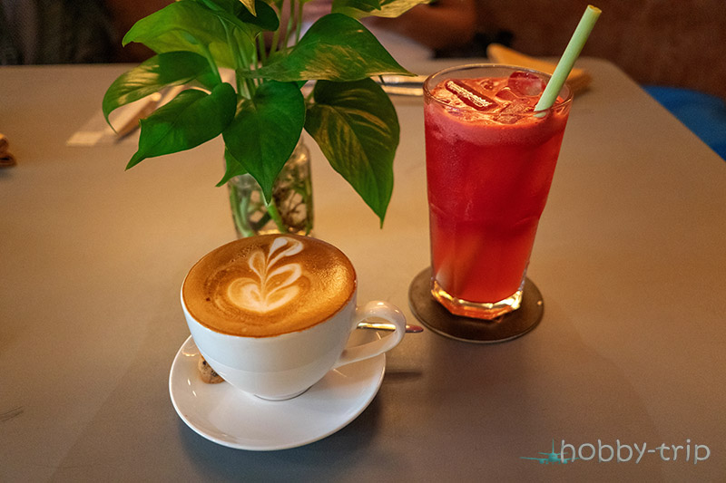 Cappuccino and watermelon juice